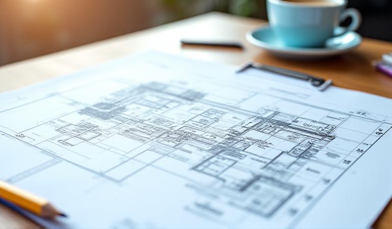 Detailed landscape design blueprint on a table