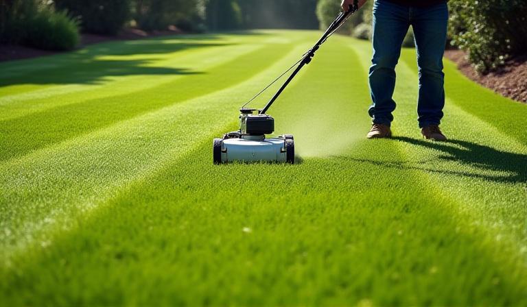 Perfectly striped lawn being mowed